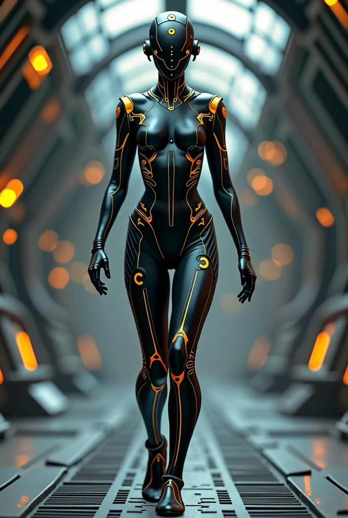 2. A beautiful and elegant nine-headed beauty from the East, slim , sexy , All black with gold pattern, Healthy beauty with muscles, Matte thin black tights covering the entire body, long straight hair, Futuristic design, Same thing, 8k , Background inside a future spaceship, A helmet with metal accents on the face, like a robot suit, hands, elbows, shoulders, knees, boots, and even the soles of the feet. , No skin exposure, Draw me a sexy female combat suit. head->Full picture to the feet. Image ratio horizontal 16: Vertical 9, Full body 2m away.