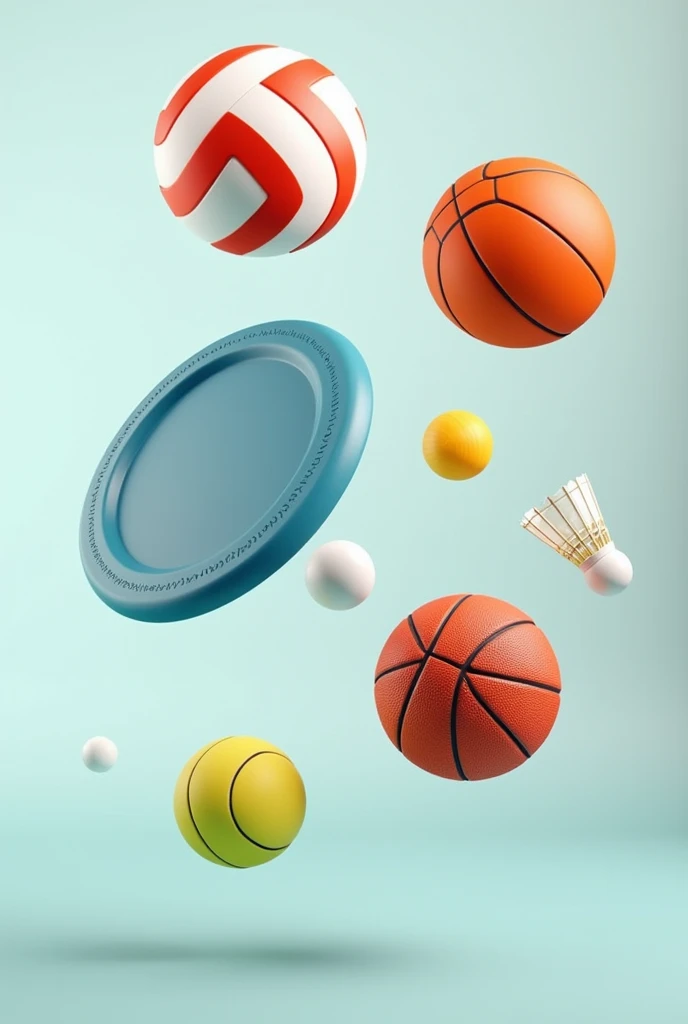 Volleyball, frisbee, basketball, pingpong and badminton, all balls in one picture.