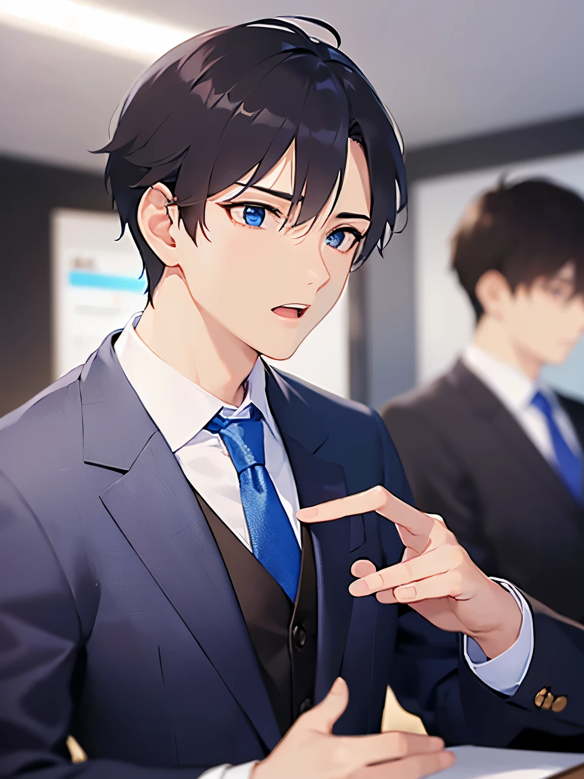side angle,(looking away:1.5)upper body,waving hands front own chest shiny skin, masterpiece、Highest quality、 (2 male:1.5) and (Black short hair) and (blue eyes), (Wearing a suit:1.5) and (Blue tie)、 petrified ,open mouth, The background is the conference room、(alone:1.5)