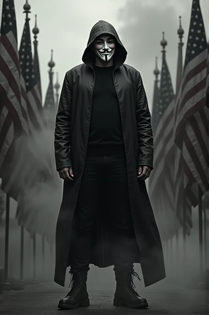 Donald Trump wearing a black hoodie with black pants and black boots holding a Guy Fawks mask with a flag background and smoke