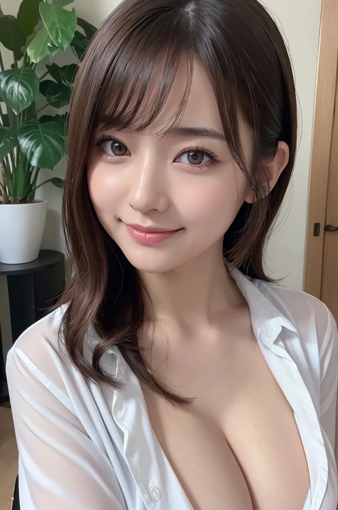 (best quality, 4K, 8k, highres, masterpiece:1.2), ultra-detailed, (realistic, photorealistic, photo-realistic:1.37), hyper detailed, extremely detailed, intricate details, sharp focus, physically-based rendering, professional, vivid colors, studio lighting、Japanese High  Girl、smile、selfie、Small breasts、Natural Makeup、(Hair Color:Random)、middlehair、Inward curl、White shirt、Open shirt、Emphasize cleavage、side boob、under boob