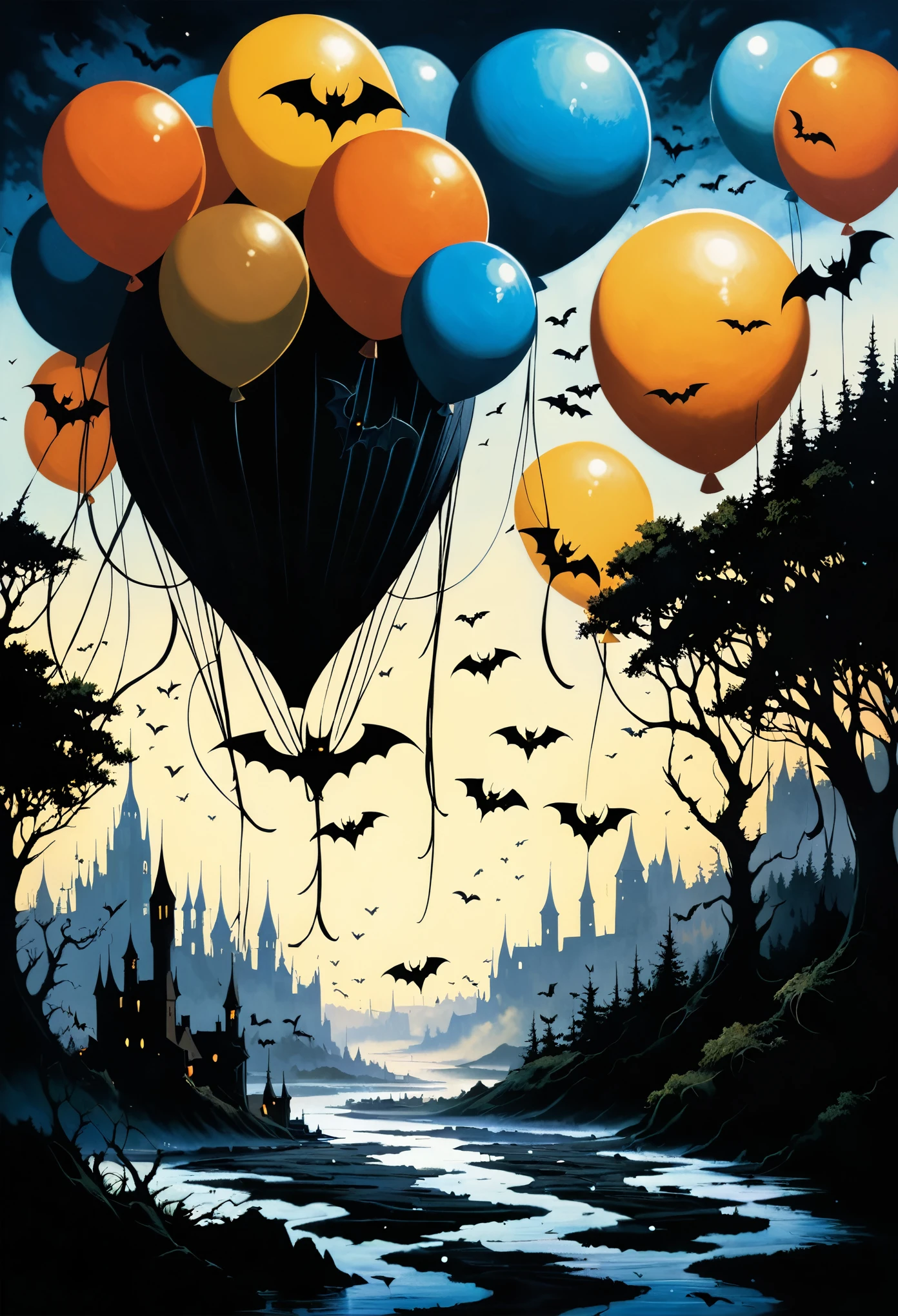 Surreal scene, Aaron Horkey's painting, Mysterious Landscape Photography, balloons, butter flies, bats, wind effect,