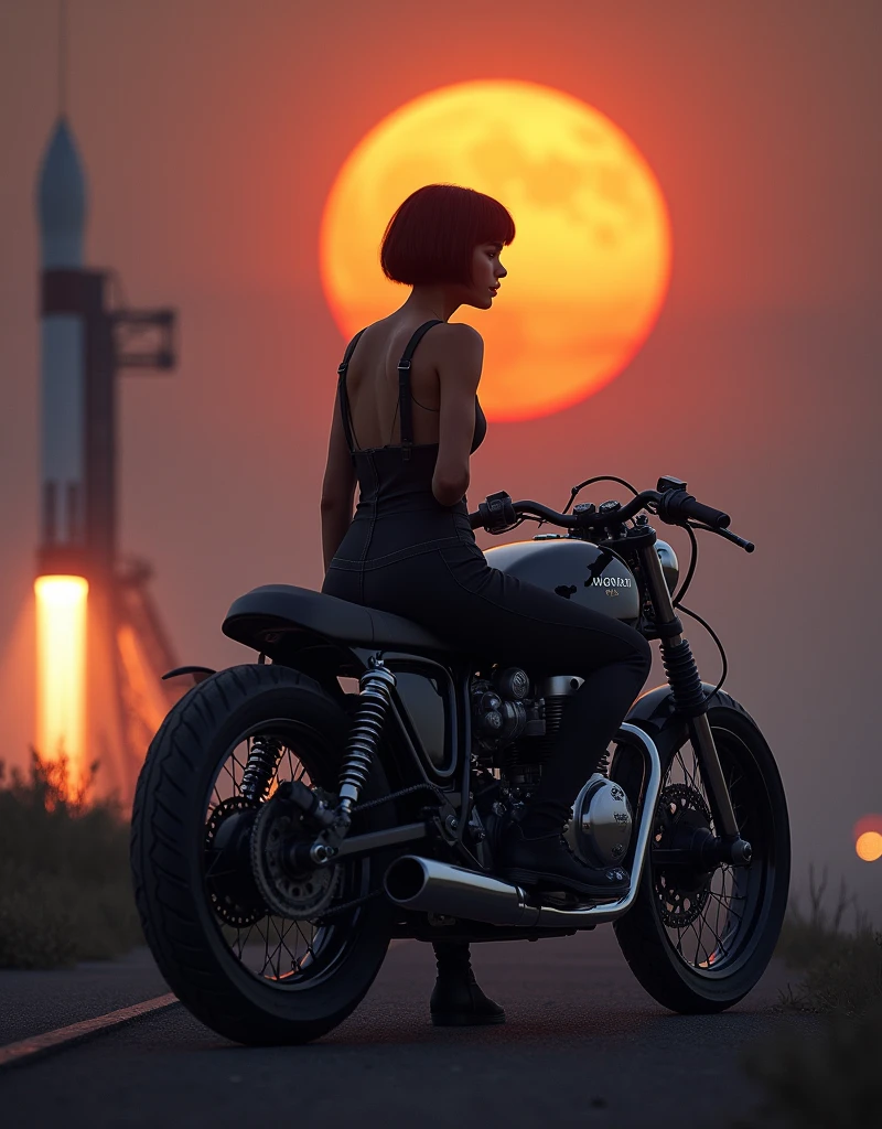A breathtaking scene set on the night of the Mid-Autumn Festival under a bright orange full moon. In the foreground, a beautiful young woman from Brooklyn, dressed in a stylish jumpsuit, sits confidently on a classic café racer motorcycle. She has short black bob hair and a cool, composed expression, exuding an urban, sophisticated vibe. The background features a towering space rocket launch pad nearby, with the rocket ready for launch. The scene blends the mystique of the moonlit night with the tension and excitement of a space mission. The vintage motorcycle adds a retro touch, while the overall setting is infused with a mix of urban charm and futuristic ambition. The atmosphere is slightly misty, with the moonlight casting an ethereal glow over the entire scene.