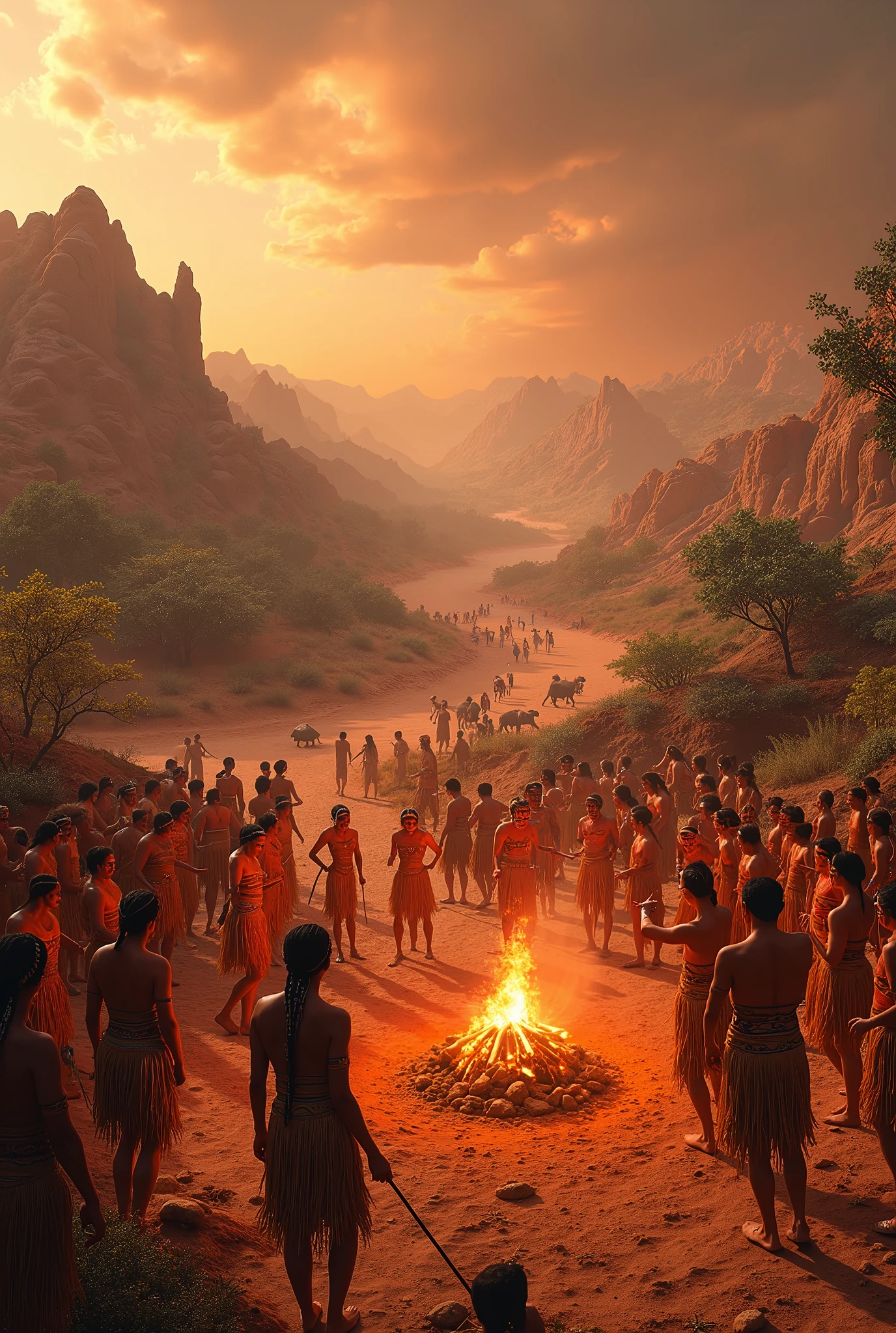 scenario with many indigenous people on Mars , and several villages made of hollow  ,  e várivers indígenas dançando em círculos e muitas músicas, rivers, auspicious clouds, sunshine light, Trees,animals  , camp fire , Indians dressed in straw clothes and painted faces , ultra HD, high qualiy, extremely detaild, offcial art, super detaill, 32k - v.6