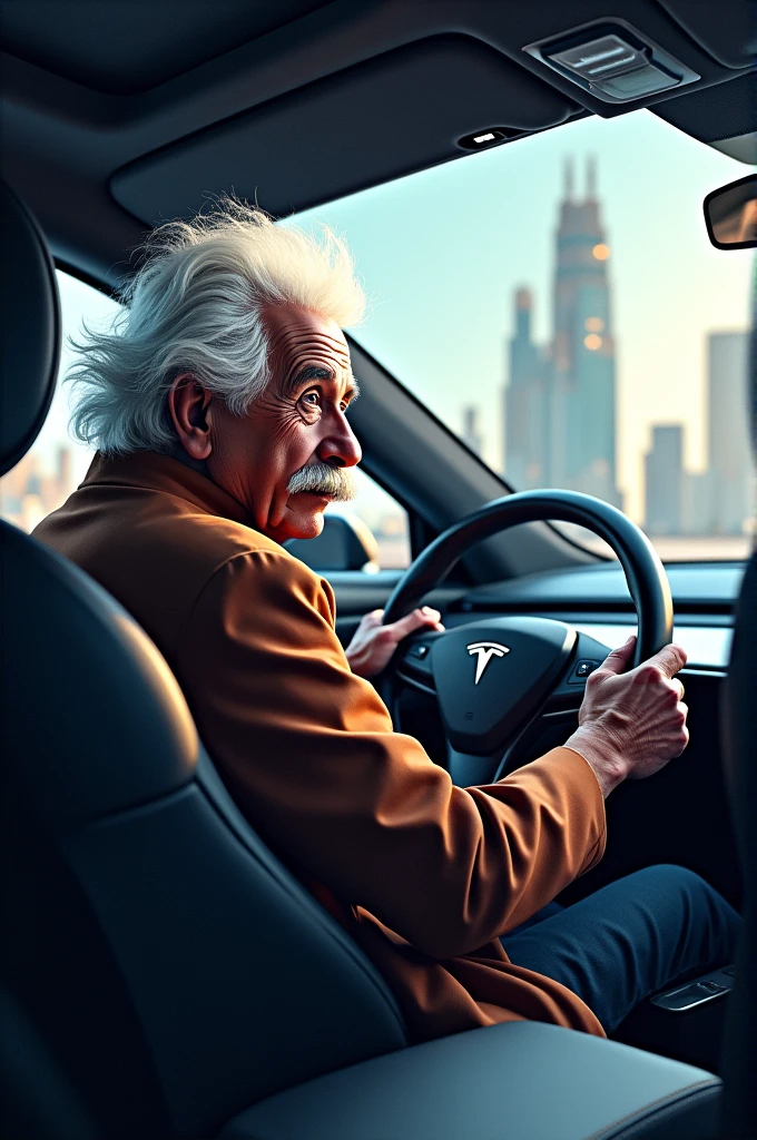 Albert Einstein driving a tesla