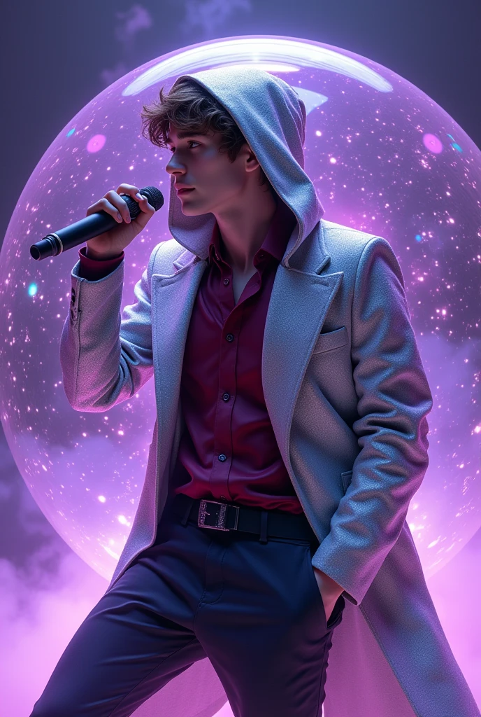 artwork best quality realistic image handsome american male teenager long brown hair light skin with wine button down shirt and black pants with coat cape and hood on head in silver color with details glowing inside a giant crystal ball and singing with a microphone in hand with purple lights around him illuminating him intricate details seen from afar at a concert with details uhq details 8k realism