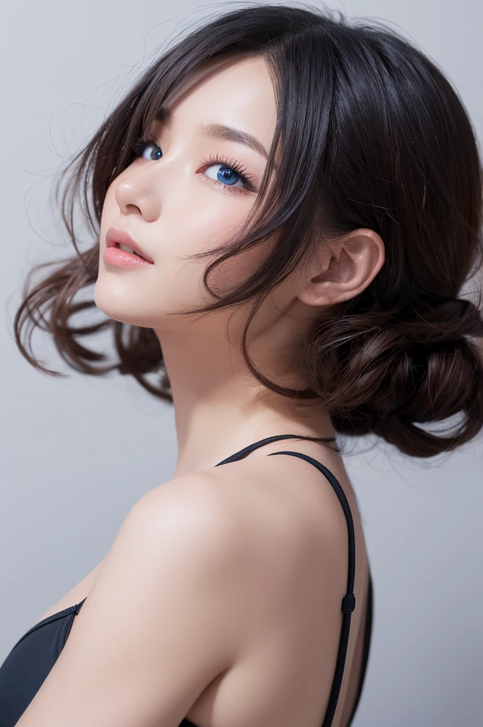 Black Hair, anime, Ghibli, anime style, close, From the side, First Person View, 8k, Super Detail, masterpiece,Super Detail, high quality, High resolution, Attention to detail, White Background, Facial details, happiness, Curly Hair, blue eyes ballet Infatuated
