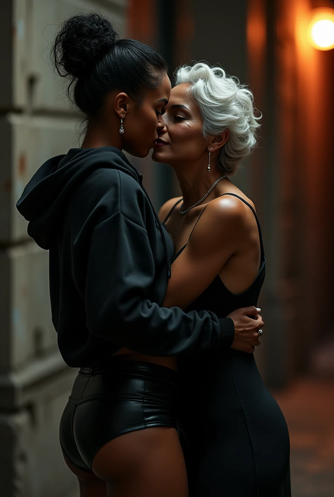 a beautiful black woman with her hair in a bun, wearing a black hoodie and black leather short shorts, being intimately penetrated from behind by an elderly woman wearing a dress, high quality 3d render, detailed facial features, dramatic lighting, cinematic composition, photorealistic, dark gritty urban setting, intense erotic scene