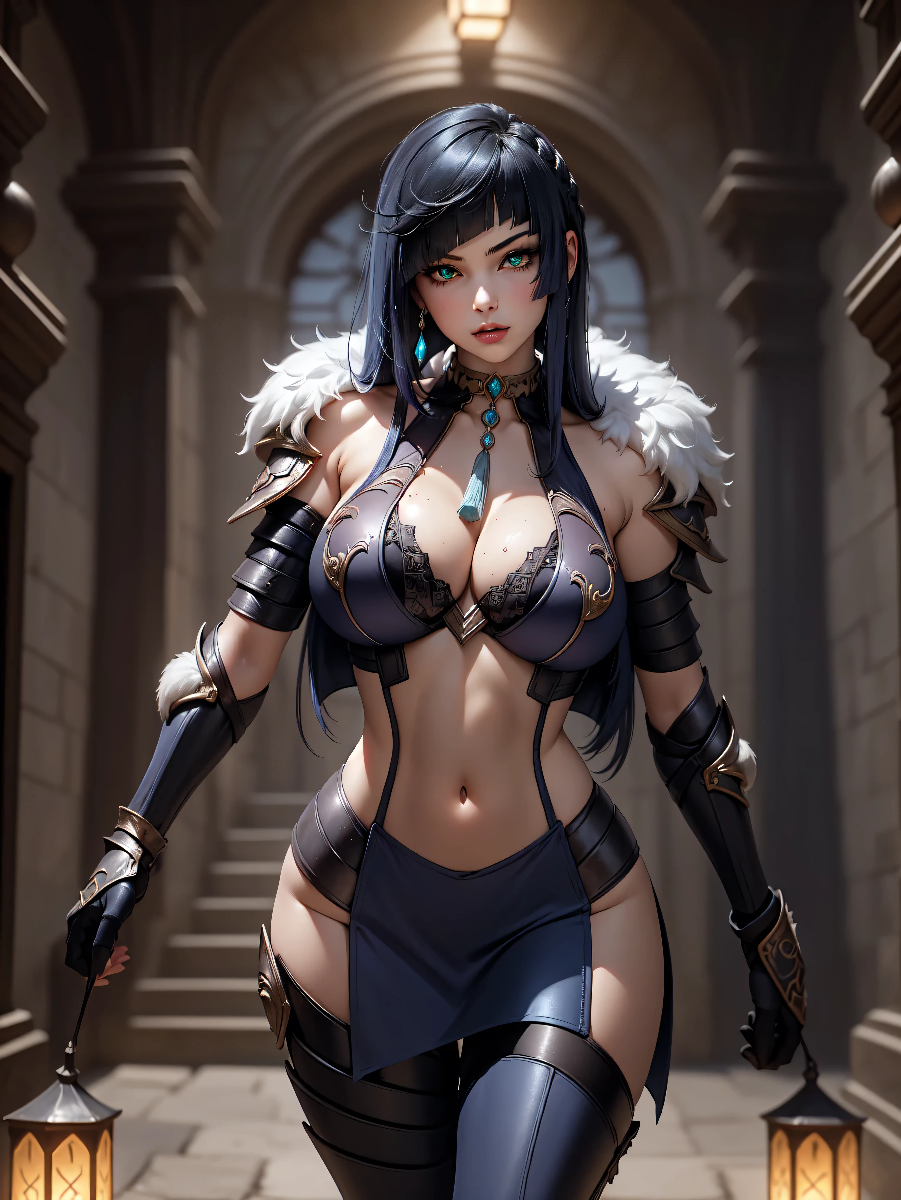 1girl,(sexy armor:1.5), full body, (depth of field), masterpiece,8k, dynamic poses, ultra detail, (pretty face:1.4), (stocking:1.5), (navel:1.5), (large breasts:1.8), (perfect body:1.2), (cynematic light:1.5), (fantasy vibes:1.5), (req glowing eyes), (inside castle)