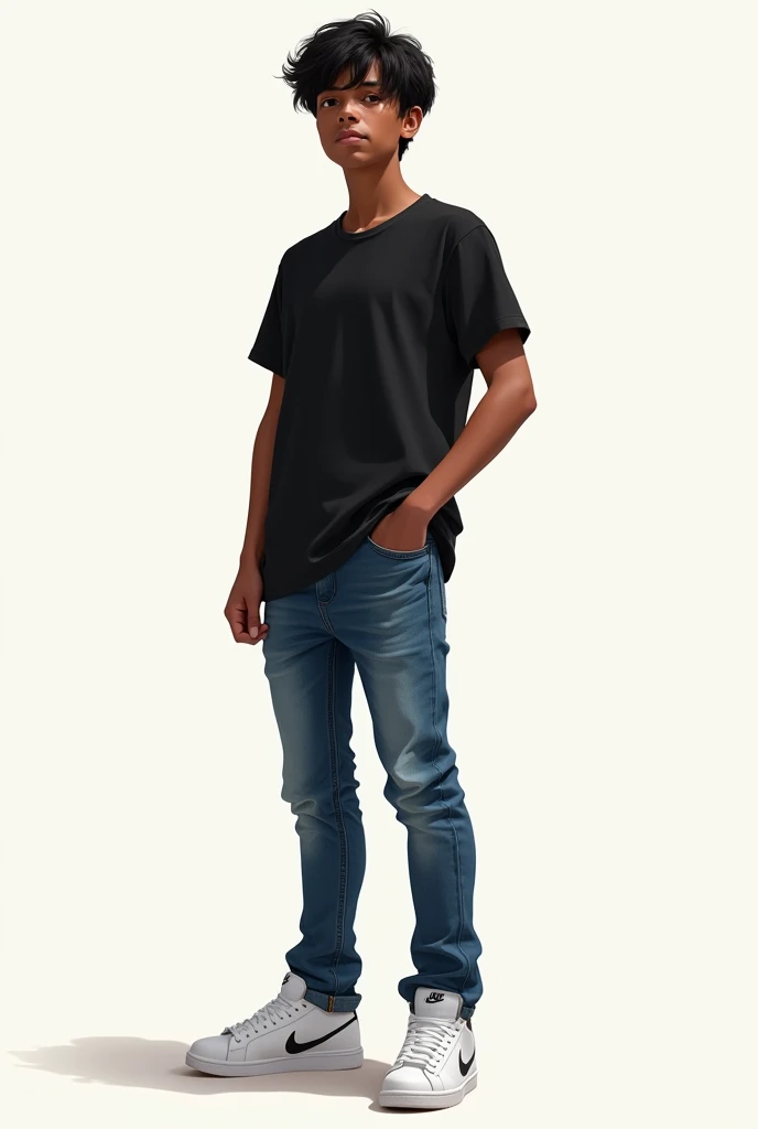  male teenager with dark skin and short, semi-wavy black hair wearing a black t-shirt, worn blue jeans and white Nike tennis shoes
 
