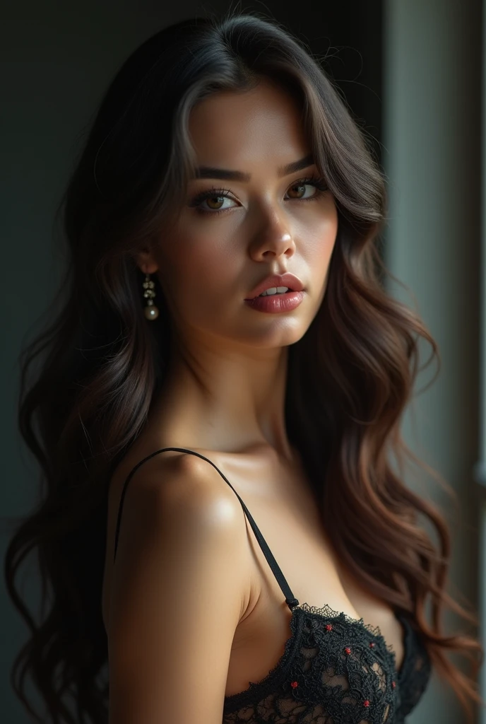 A feminine transgender woman, beautiful detailed eyes, beautiful detailed lips, extremely detailed eyes and face, long eyelashes, elegant posture, graceful movements, delicate facial features, flawless skin, flowing long hair, black lacy lingerie, intricate embroidered patterns, sheer fabrics, dramatic lighting, cinematic composition, vivid colors, photorealistic, 8k, best quality, masterpiece