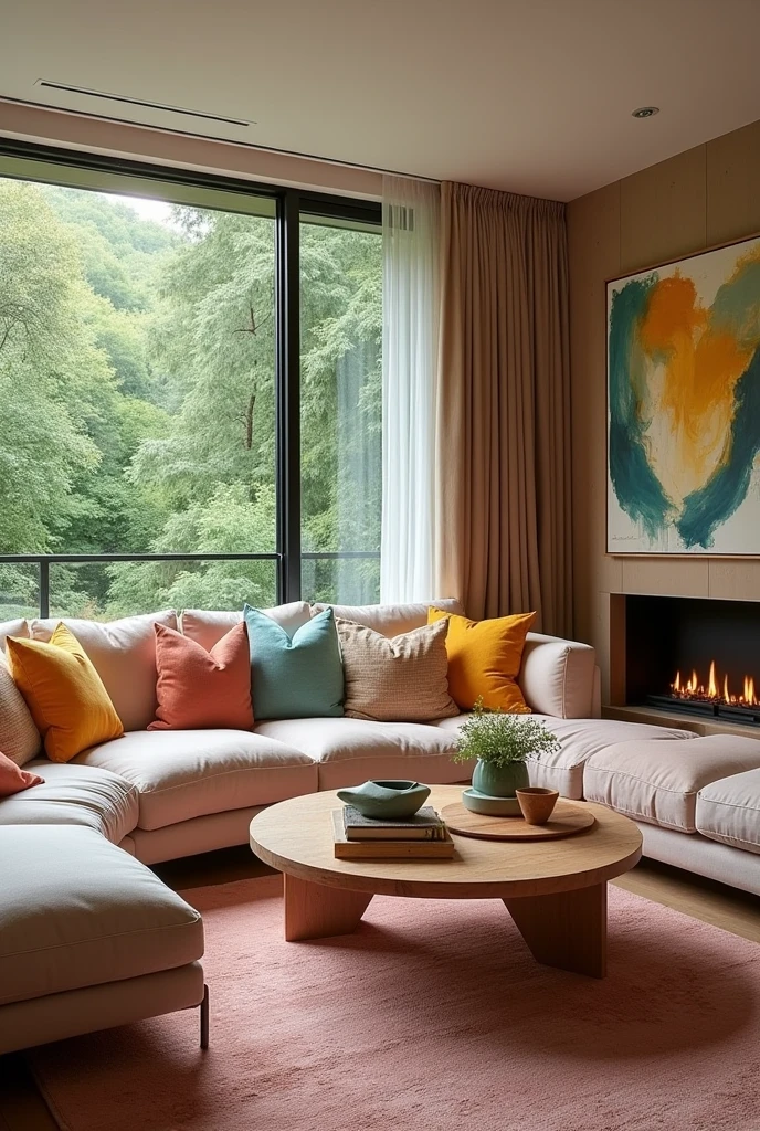 Living room decoration turquoise color palette,rosado, brown and yellow