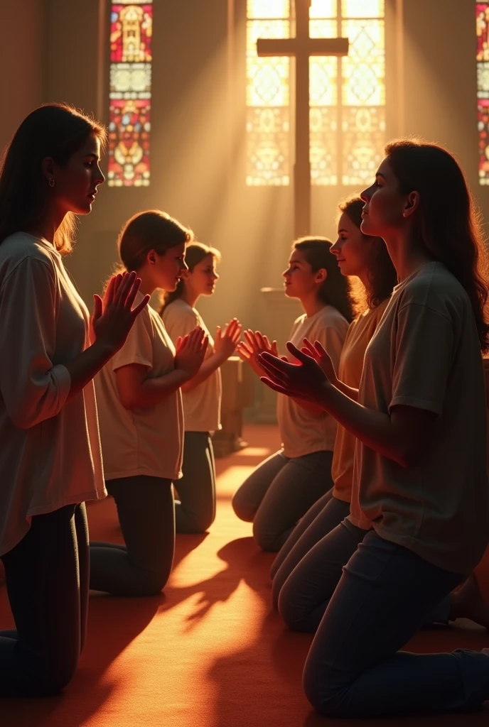 Many young people praying on their knees in an evangelical church with backlighting