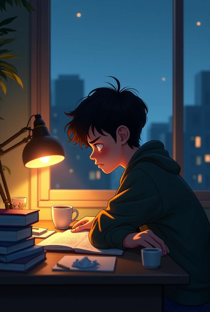 Creates the image of a tired young person, studying in the early morning