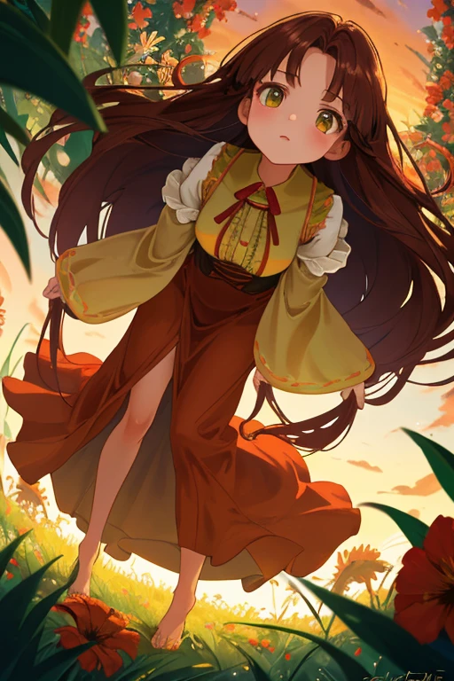 ((View from below looking up)), ((Dutch angle:6.5)), (dusk), (glowing) tall grass and beautiful colourful flowers, (((red beige hues))), beautiful silky (((dark brown long-haired))) female posing artistically, summer outfit, ((full body)), beautiful detailed face, (((dark green eyes))).