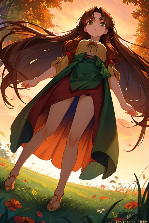 ((View from below looking up)), ((Dutch angle:6.5)), (dusk), (glowing) tall grass and beautiful colourful flowers, (((red beige hues))), beautiful silky (((dark brown long-haired))) female posing artistically, summer outfit, ((full body)), beautiful detailed face, (((dark green eyes))).