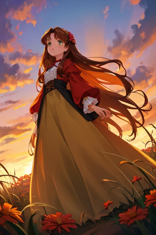 ((View from below looking up)), ((Dutch angle:6.5)), (dusk), (glowing) tall grass and beautiful colourful flowers, (((red beige hues))), beautiful silky (((dark brown long-haired))) female posing artistically, summer outfit, ((full body)), beautiful detailed face, (((dark green eyes))).