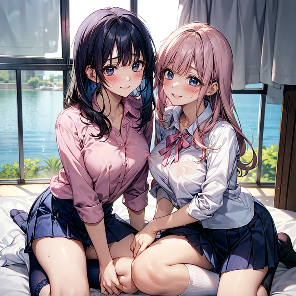 Pressing each other&#39;s nipples together,Connected Semen,Dripping cloudy saliva、On all fours、Place your elbows under your feet and lift your hips up、Scrounge、(masterpiece:1.2, Highest quality), (Realistic, photoRealistic:1.4), Beautiful illustrations, (Natural Side Lighting, Cinema Lighting), Browsing Caution, View your viewers, Two people who love each other, Front view:0.6, 2 people, Japanese, high school girl, Perfect Face, Cute and symmetrical face, Glowing Skin, (Long Hair:1.8, Straight hair:1.7, Light blonde and brown hair), Asymmetrical bangs, Heart Eyes, (Large Breasts:1.1, Thick thighs), 
Beautiful Hair, Beautiful Face, Beautiful attention to detail, Beautiful clavicle, Beautiful body, Beautiful breasts, Beautiful thighs, Beautiful feet, Beautiful fingers,Sweaty skin、 ((Light blue collared shirt, Navy pleated mini skirt, Navy knee socks, Unraveled pink ribbon, Light pink collared shirt)), black lace panties, See-through shirt、(Beautiful views), On the bed,(Face to Happy Ah, ,Watery eye,Upward glance),Erect nipples