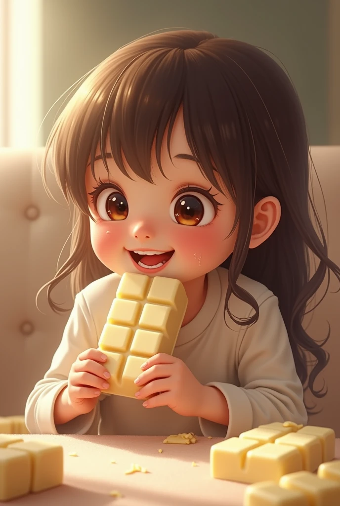 Girl biting a very soft white chocolate bar that shows that she likes it a lot on her face