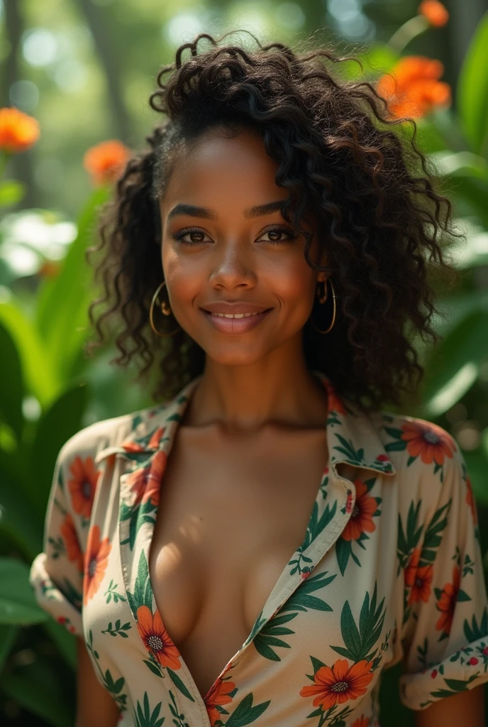 A Brazilian woman in a lush tropical garden, wearing an open shirt with a floral print, with a close-up capturing the harmonious beauty between her  and the natural flowers, showing off your natural charm and outgoing personality.