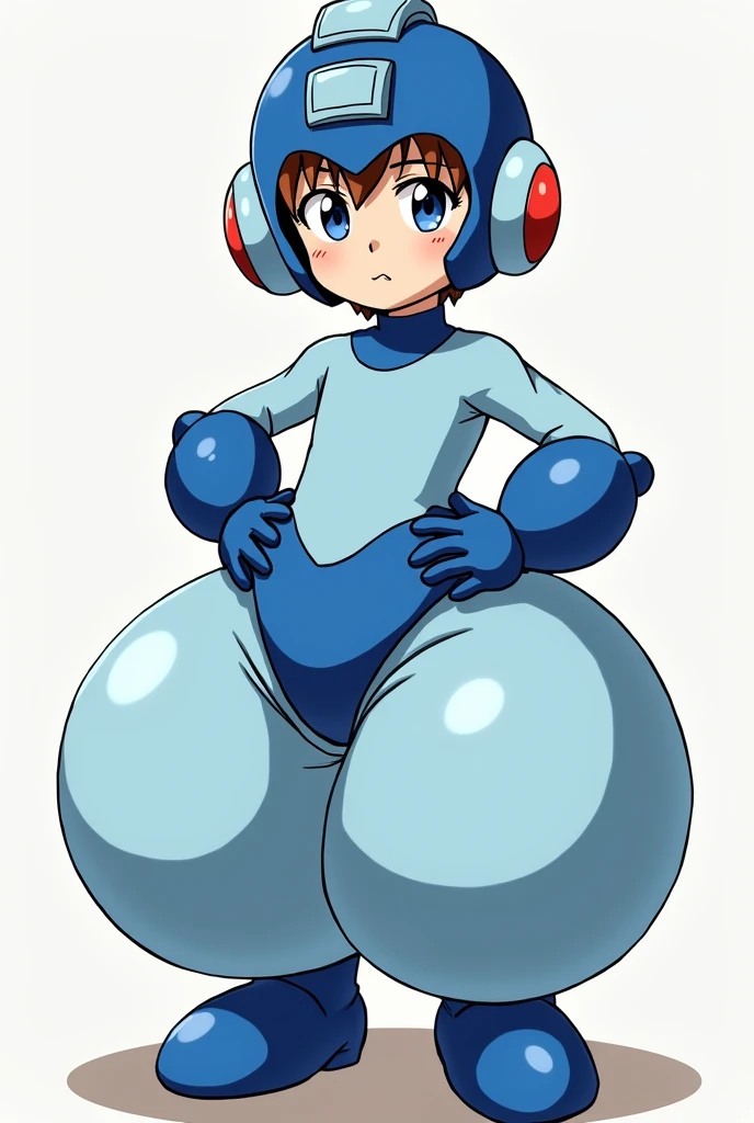 Small boy, around six years old, brown hair, blue eyes, perfect hands, anime style, wearing a Megaman outfit consisting of a light blue leotard, humongous inflatable satin princess Jasmine-style 4-yard harem pants, royal blue ankle boots, royal blue gloves, royal blue large rounded coverings on the forearms, royal blue Megaman helmet, and a huge inflatable royal blue satin Megaman diaper. His helmet has a raised light blue square in the forehead and a light blue rectangle running straight back from the square, resembling an exclamation mark. His helmet also features round light blue sections with red circles in the center over his ears. The pants are very puffy and very round, the diaper is extremely puffy and completely round and completely spherical. High quality.