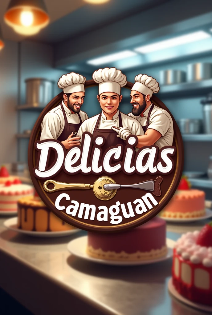 A logo with the name DELICIAS CAMAGUAN and in the background some pastry chefs decorating some cakes 
