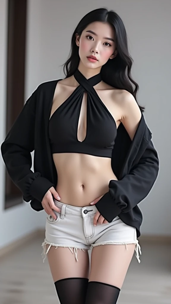 a close up of a woman wearing a mask and a black top, black bra, black top, open v chest clothes, black halter top, wearing a sexy cropped top, in a black betch bra, sexy look, sexy style, she is wearing a black tank top, revealing clothes, revealing outfit, tiny black bra, bralette, wearing tight simple clothes, high quality, (RAW photo, best quality), (realistic, photorealistic: 1.4), (extremely delicate and beautiful: 1.4), amazing, fine details, masterpiece, ultra detailed, high resolution, best illustration, best shadow, intricate, ( extremely intricate: 1.2), (exquisitely detailed skin), cinematic light, perfect anatomy, (cool color: 1.4), sharp focus, 8k UHD, DSLR, (Fujifilm XT3),