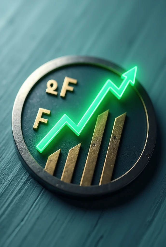 "Create a circular mobile app icon with 3D effect. The icon should show a rising line chart, with a bright green ascending line indicating financial growth. The icon background should have a smooth texture, like brushed metal, in shades of blue or gray, which adds depth and realism to the design. The icon border should be lightly shaded to reinforce the 3D effect. Subtle Financial Elements, as embossed vertical bars, The letters R and F must be included in the embossed background below the graph, blurred in gold., but without taking the focus off the ascending line."