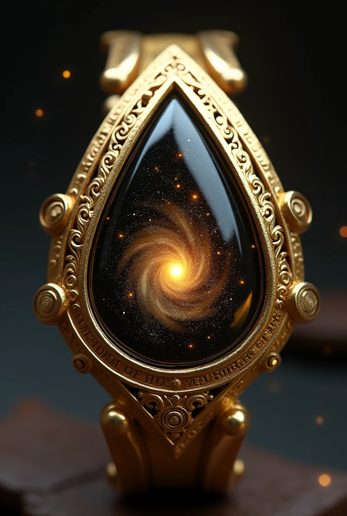 Design an intricate and cosmic-inspired version of the Omnitrix as a golden bracelet or watch. The primary material should be a lustrous, polished gold, giving the artifact an ancient, regal appearance. In the center, replace the traditional Omnitrix dial with a large, teardrop-shaped crystal that is deep black in color. This crystal should be almost opaque, but upon closer inspection, it reveals a vision of the universe within—tiny stars, galaxies, and nebulae swirling as if encapsulated in the crystal's depths. The gold band around the wrist should have a delicate, yet sturdy design, adorned with intricate engravings of celestial patterns such as constellations and planetary orbits. The overall shape is sleek and elegant, more of a high-end bracelet than a bulky device, but still functional in appearance, with subtle mechanisms that hint at its power. The golden surface reflects light beautifully, and the cosmic tear glows softly, giving off an ethereal, otherworldly aura.
