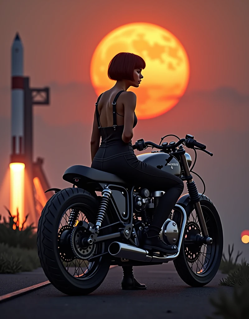 A breathtaking scene set on the night of the Mid-Autumn Festival under a bright orange full moon. In the foreground, a beautiful young woman from Brooklyn, dressed in a stylish jumpsuit, sits confidently on a classic café racer motorcycle. She has short black bob hair and a cool, composed expression, exuding an urban, sophisticated vibe. The background features a towering space rocket launch pad nearby, with the rocket ready for launch. The scene blends the mystique of the moonlit night with the tension and excitement of a space mission. The vintage motorcycle adds a retro touch, while the overall setting is infused with a mix of urban charm and futuristic ambition. The atmosphere is slightly misty, with the moonlight casting an ethereal glow over the entire scene.
