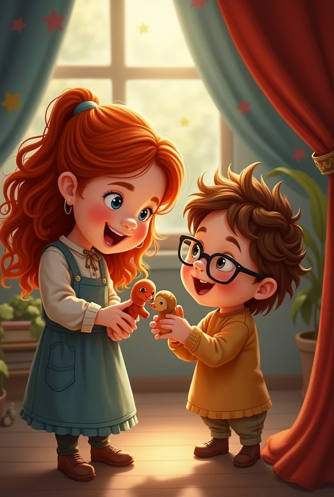 Redhead girl playing with a brown-haired boy with glasses in a puppet show, without it seeming like it