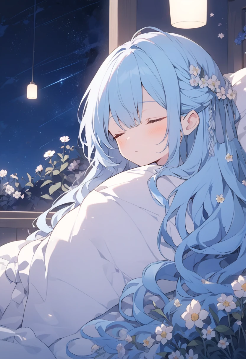 masterpiece, best quality, extremely detailed, (illustration, official art:1.1), 1 girl ,(((( light blue long hair)))), ,(((( light blue long hair)))),light blue hair,, long hair ((blush)) , cute face, , masterpiece, best quality,(((((a very delicate and beautiful girl))))),Amazing,beautiful detailed eyes,blunt bangs((((little delicate girl)))),tareme(true beautiful:1.2), sense of depth,dynamic angle,,,, affectionate smile, (true beautiful:1.2),,(tiny 1girl model:1.2),)(flat chest), complex background, wishing star background, a magical scene with shining stars and dreamlike elements, conveying the idea that the magic of Christmas awakens sleeping dreams. Make sure the elements give a dreamy feel. in bed, There are a lot of pillows, dreamy, comfortable, night time, crescent moon, Quiet nights,Comfortable beds,Cosy bedroom,Serene expression,Lightweight dressing gown,gentlesoftlighting,dreamlike scenes,Cloud-like pillows,Starry curtain, portrait、 ☁🌙, ,Embryo,Sleep comfortably, Sleeping Girl,nightcore, Anime girl sleeping with cat in clouds with stars,
,pure sleep, (wide shot, white background