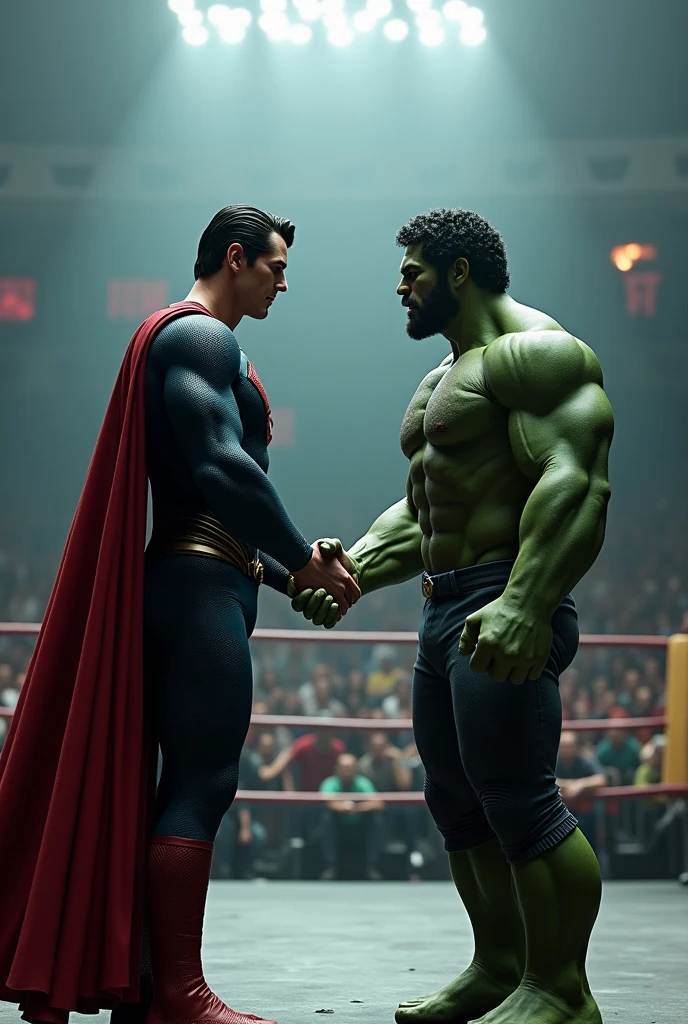 Epilogue: A New Beginning
Prompt: "Superman and the Hulk sharing a respectful handshake in the now-empty boxing arena. The scene shows them both, tired but content, surrounded by remnants of the fight. The arena is quieter, with a few scattered fans, signifying a moment of mutual respect and the end of an epic rivalry."