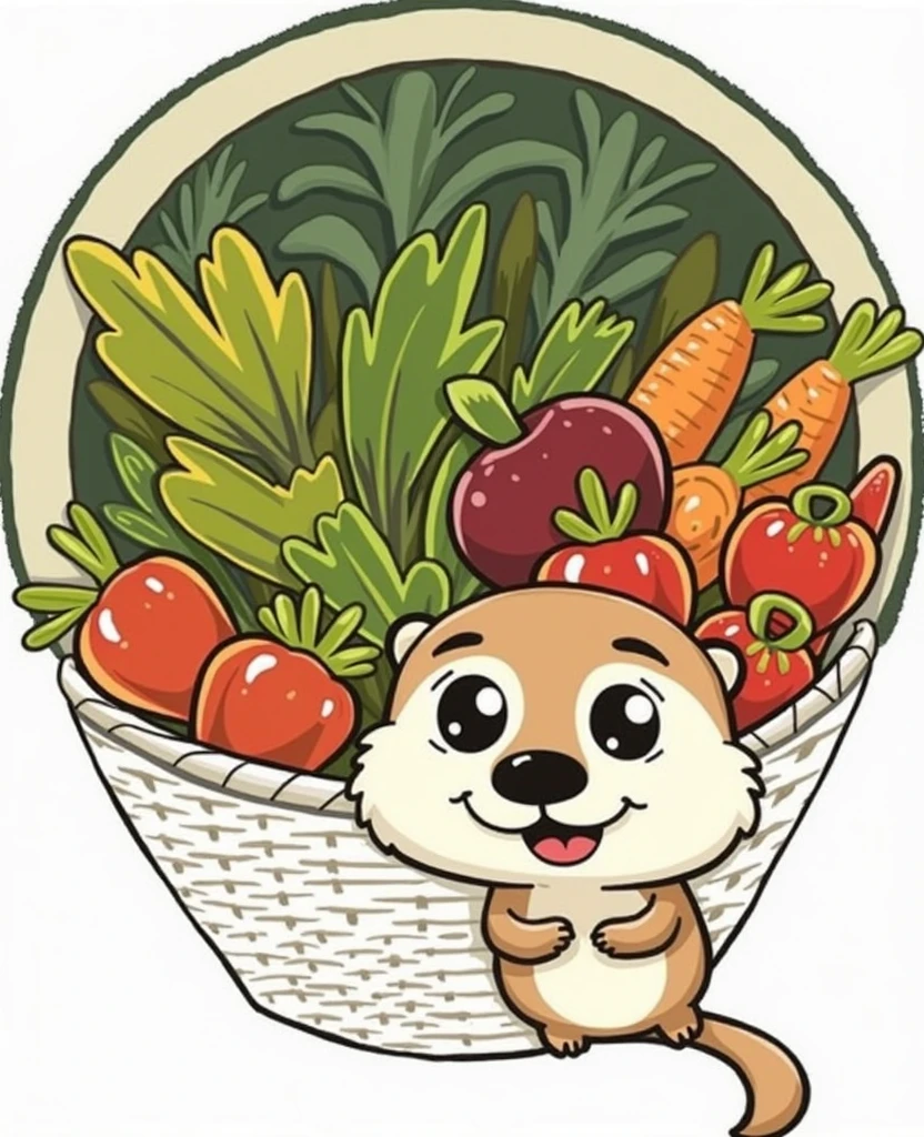 A cute otter holding a basket of fresh vegetables, detailed illustration, vibrant colors, nature, environmental friendly, organic, clean design, minimalist, vector art, simple shapes, high quality, 4k