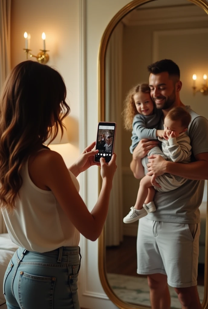 cenario: a considerably luxurious room, family photo in front of the mirror, onde a mulher segura o celular para tirar a foto e a criança é held by pai
uma mulher magra, medium brown wavy hair, com um look casual. your , held by.naughty man, she is wearing a dress. o naughty man esta vestido esportivamente
