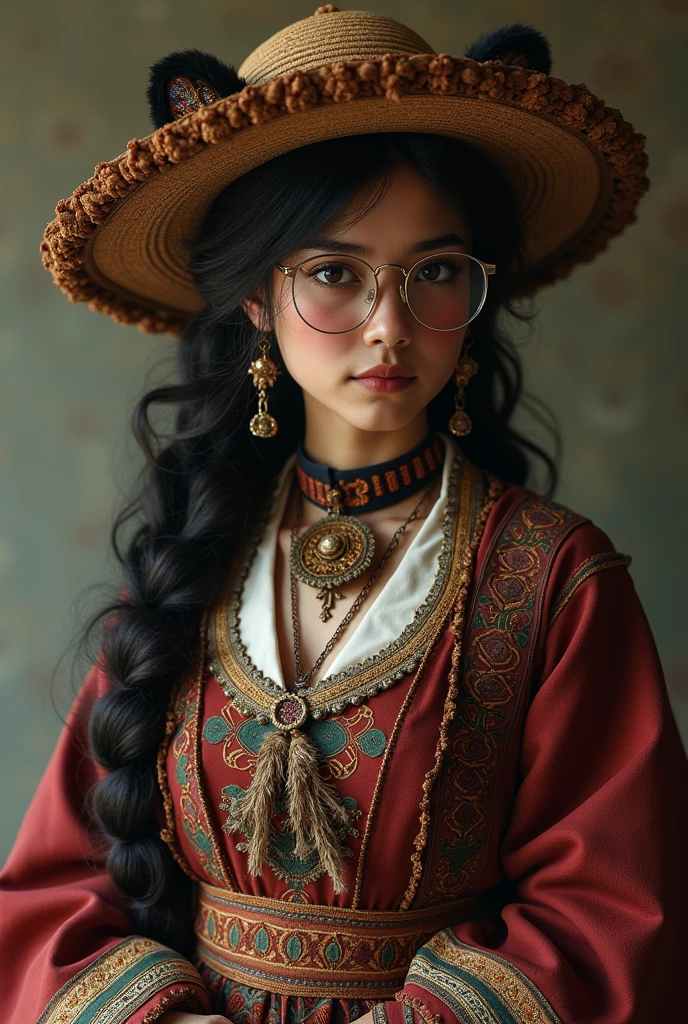 spectacled bear, tender, elegant, beautiful, with typical clothes from the Andean area, with gloves, black, woman and make her young with a hat and makeup and without looking like a human. that the costume shows that it is a woman and with the eyes around not even a bear with glasses