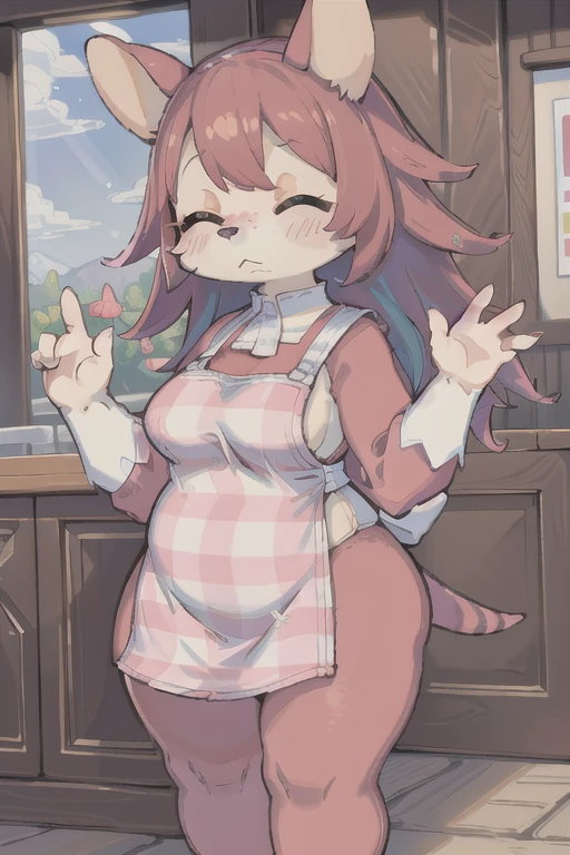 1girl, furry female, cowboy shot, Mabel_(AC),blush stickers, eyebrows, striped tail, closed eyes, plaid apron, snout, chubby, smile, barefoot, dynamic pose, waving, hinterland
((((Super Breasts))))((((Excited expression))))((((areola))))((((Nipples))))((((マンコ))))((((マスターベーション))))