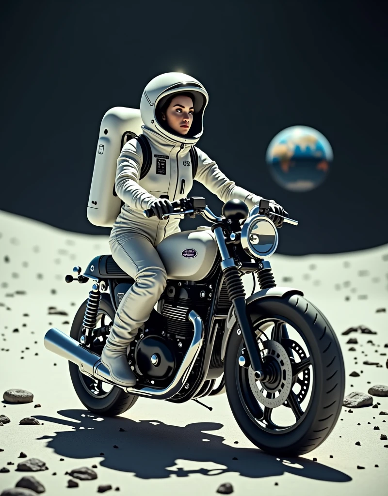 A beautiful young woman from Brooklyn, dressed in a modern astronaut spacesuit, riding a classic cafe racer motorcycle on the surface of the Moon. The Moon's surface is brightly illuminated by the sunlight, creating a stark, bright environment. In the distance, Earth can be seen, floating against the blackness of space. The woman is wearing a sleek, futuristic spacesuit with a helmet, her expression still cool and composed. The motorcycle retains its vintage design, creating a striking contrast between the retro bike and the futuristic lunar setting.