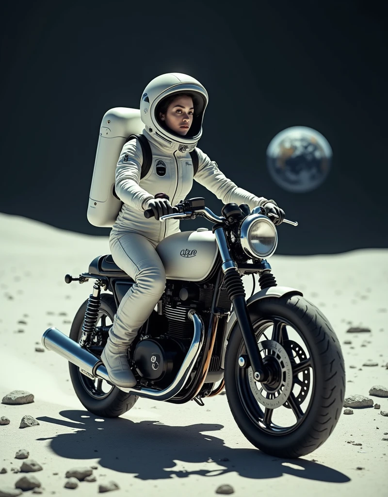 A beautiful young woman from Brooklyn, dressed in a modern astronaut spacesuit, riding a classic cafe racer motorcycle on the surface of the Moon. The Moon's surface is brightly illuminated by the sunlight, creating a stark, bright environment. In the distance, Earth can be seen, floating against the blackness of space. The woman is wearing a sleek, futuristic spacesuit with a helmet, her expression still cool and composed. The motorcycle retains its vintage design, creating a striking contrast between the retro bike and the futuristic lunar setting.