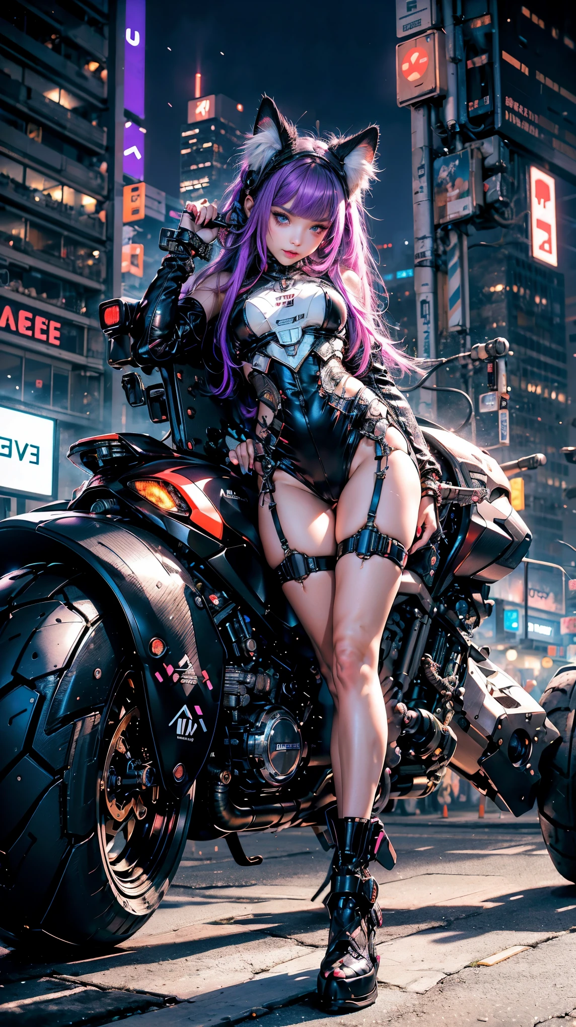 masterpiece, Best Quality, Angle elevation, Cyberpunk City, 1 girl, alone, Pale skin, cat ears, purple and black hair, cybernetic arms, cyborg, Neon lights on their clothes and cybernetic augmentations, 3D, hyperrealistic, realist, young girl, sexy, beautiful face, cat ears cyberpunk, cyberpunk style, beautiful, striking, autophoto, Neon lights, intricate details, soft skin, hyperrealistic, side glance, foreshortening, Extremely detailed 8k, seeds, High resolution, ultra quality, very detailed cat eyes, very detailed mouth, Very detailed face, Perfect eyes, the eyes are like those of a cat's, true light, Glare, iridescent, global illumination, real hair movement, Neon light de la ciudad, real shadow, the true way, 4k high definition, luz de neón realista, bright Eyes, purple eyes, fluorescent eyes, Neon light, half body, close up, Neon colors, purpura, rosa, blue, negro
