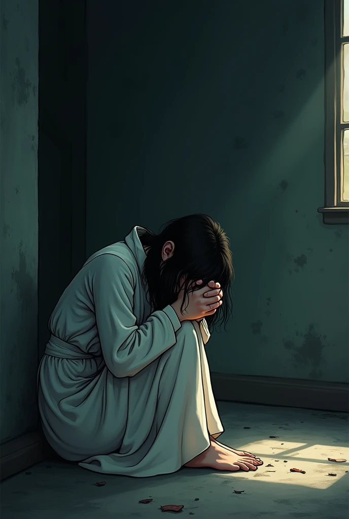 Rebecca is sitting in a dark, dusty room, almost devoid of natural light. His posture is hunched, with slumped shoulders, reflecting a deep sadness and abandonment. She is dressed in an old, faded robe., that was once white, but now it shows signs of the passage of time. Her hands are clasped in her lap., and his gaze is fixed on the ground, as if lost in melancholic thoughts. cartoon-like and somewhat dark