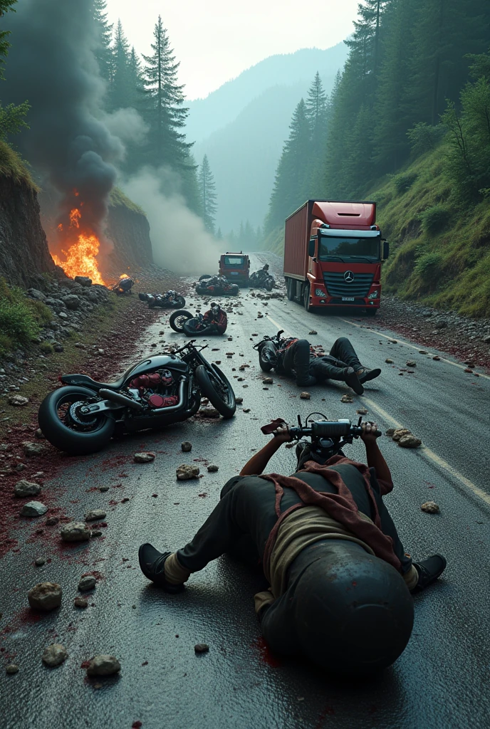 Create an image of an accident between two trucks and three motorcycles where no one survives on a winding road with details of bodies, fire and explosions