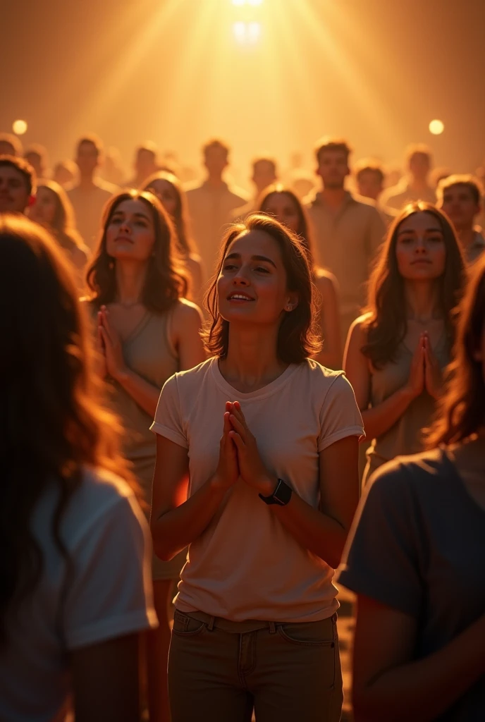 Young men and women praying on their knees in an evangelical church with backlighting