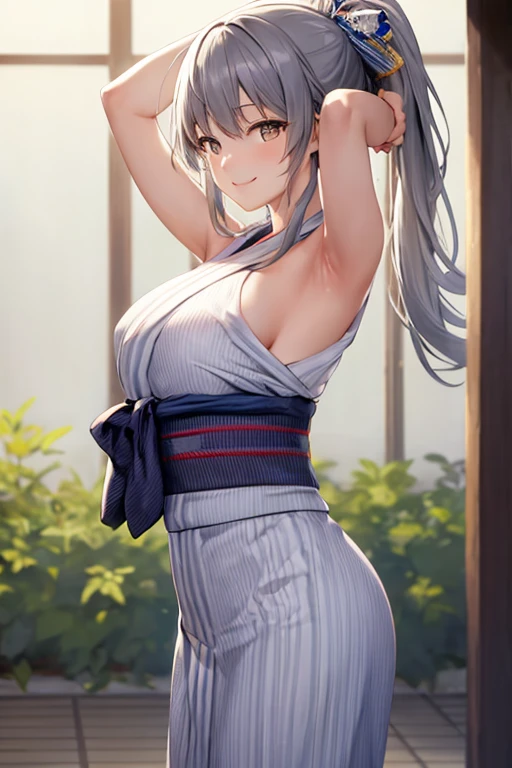 ((Highest quality)), ((masterpiece)), (detailed), One person, Side Angle、yukata、Gray Hair、smile、Armpits are visible、Medium breast、ponytail、The act of tying hair