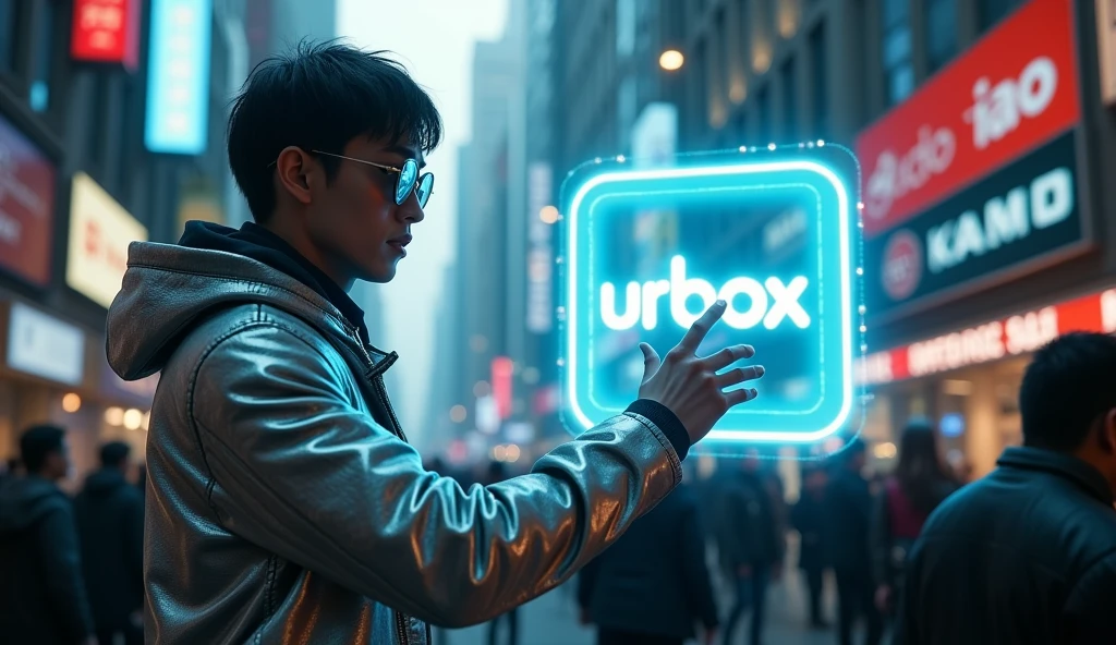 far-shot camera, Asian male character stands in front of a square hologram logo with the words "UrBox"in the wide growded street, character touch the hologram. Outfit: Silver jacket, wae glass, strong gestures. Setting: Small alley between cyberpunk buildings. Lighting: Dark colors, faint blue lights from billboards. Effects: LED strips on the device gradually glow. Special: The scene evokes a sense of suspense and anticipation.