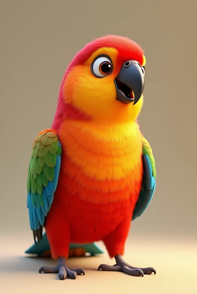 Pixar-style 3D animation of a bird of various colors, of the rosella species Parakeet-omnicolor platycercus eximius, with a neutral background in the image