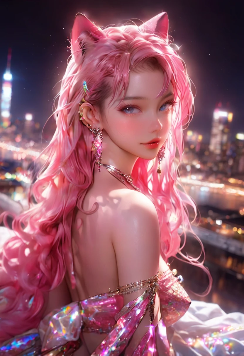 nsfw,nude,8K，an extremely delicate and beautiful,nsfw,nude,topless,pussy,full body Beautiful and realistic skin,Shiny jewel-like earrings,Bedhead,like glitter white and pink hair,beautiful blue eyes,asian cute girl,full body,Shining brightly night city,female masturbation