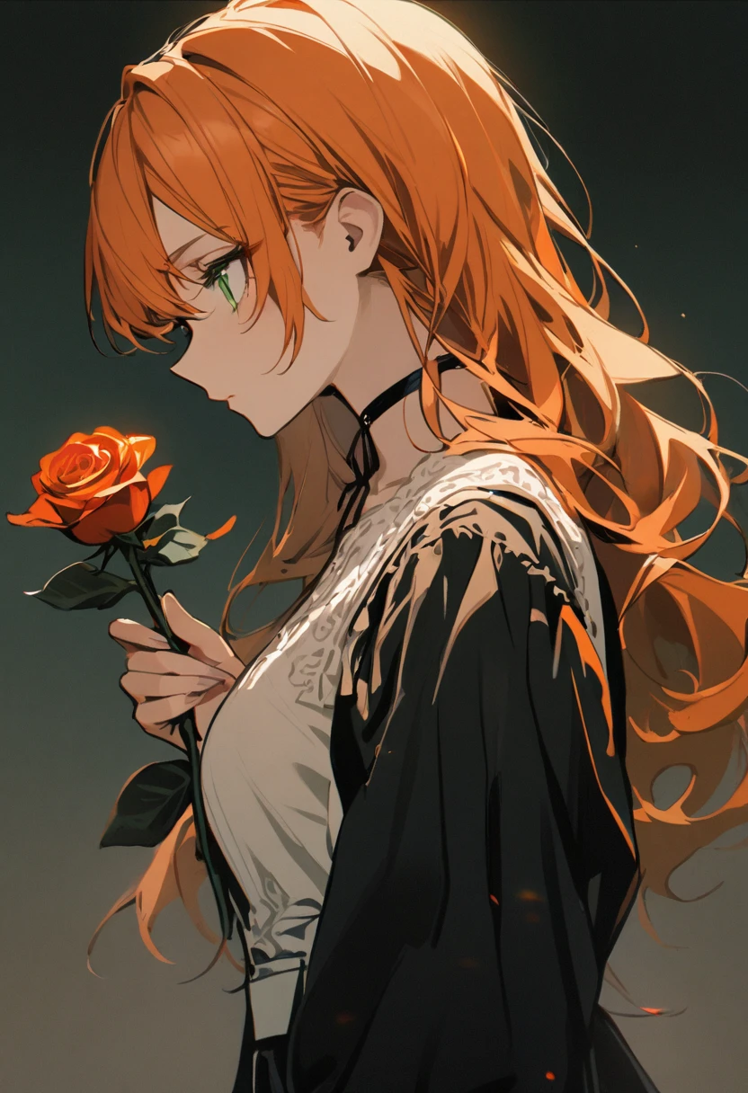 1 girl, orange hair with black highlights, green eyes, holding a rose, melancholic look, to the side.