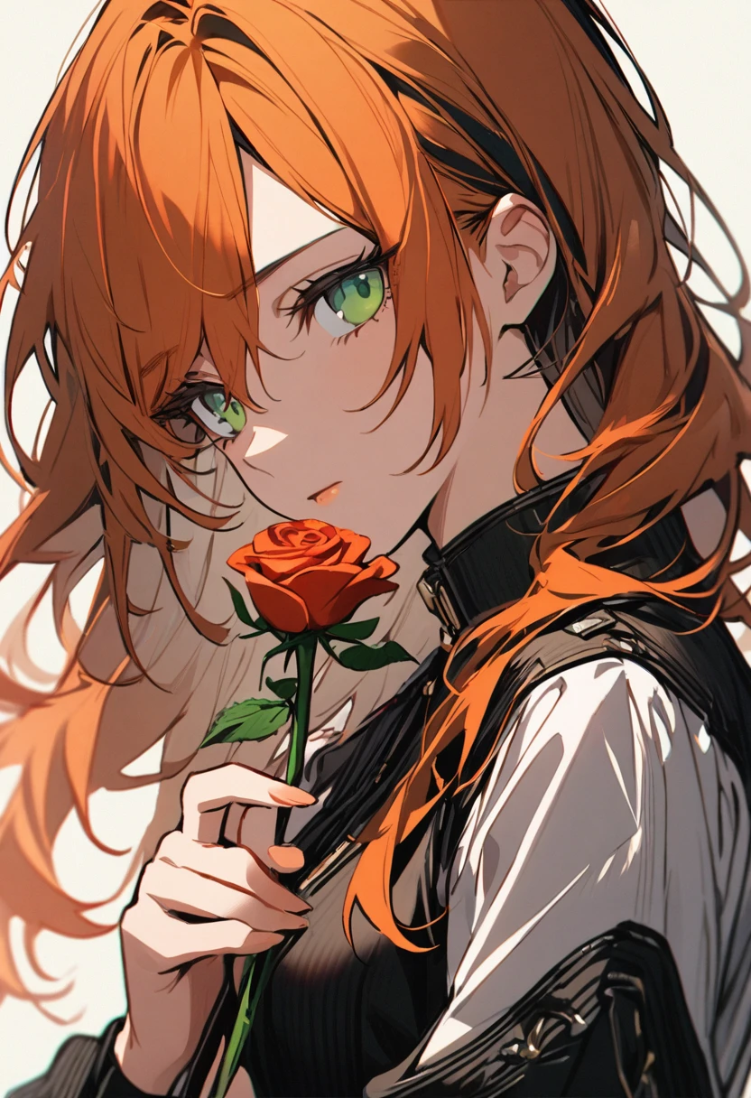 1 girl, orange hair with black highlights, green eyes, holding a rose, melancholic look, to the side.