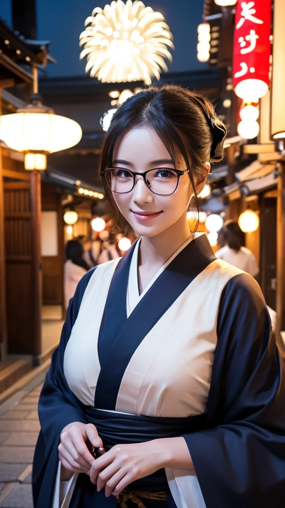 (Super beautiful woman in kimono)、((highest quality、8K masterpiece:1.3))、sharp focus:1.2、(super beautiful face:1.0)、(shiny skin:1.0)、realistic pictures、black hair、video lighting、High resolution eyes and face、video lighting、japanese actress、from the front、big breasts、with a happy smile、Slender abs beauty、whole body、wearing a kimono、in Kyoto、(((luxury obi)))、In Kyoto at night、wearing glasses with no edge、with a fan、Fireworks Display